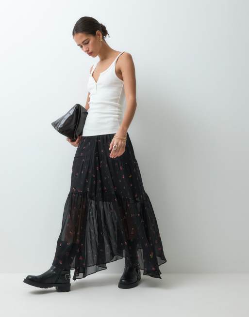 AllSaints Alex tiered floral print sheer midi skirt in black, 3 of 5