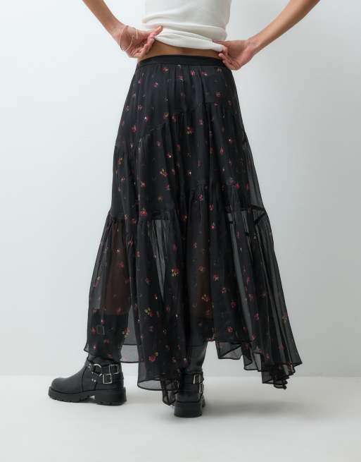 AllSaints Alex tiered floral print sheer midi skirt in black, 4 of 5