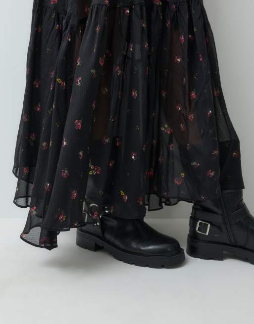 AllSaints Alex tiered floral print sheer midi skirt in black, 5 of 5