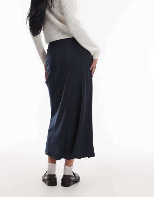 AllSaints - Alexia - Gerimpelde satijnen midaxi-rok in marineblauw, 4 van 5