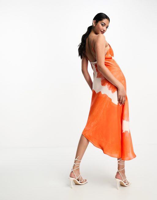 AllSaints Alexia Mariana satin tie dye midi dress in orange ASOS