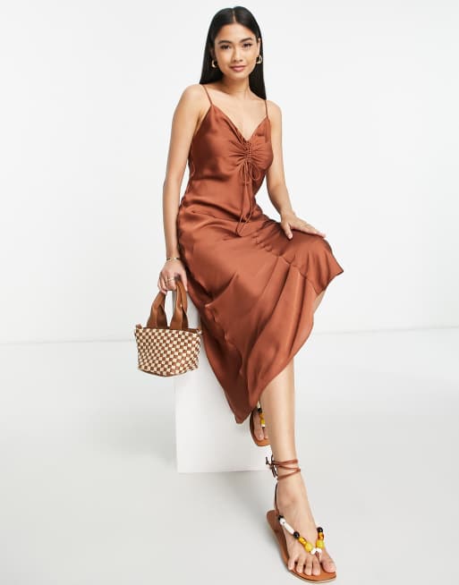 AllSaints Alexia rouched satin asymmetric midi dress in bronze