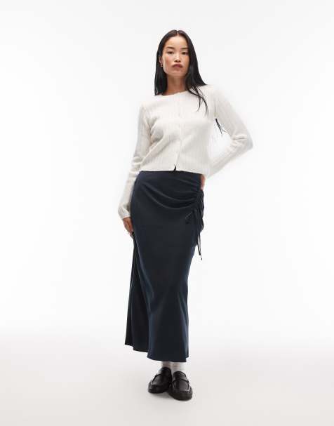 Allsaints Alexia ruched satin maxi midi skirt in navy blue - view 1