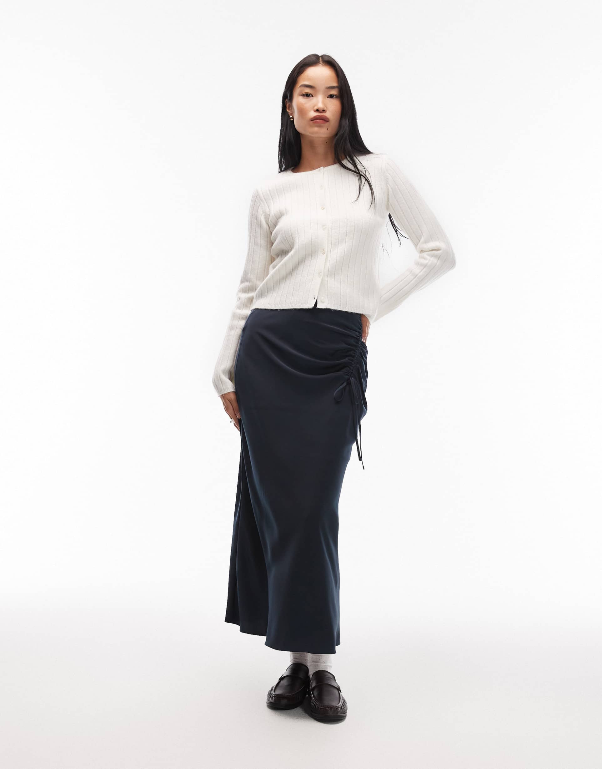 allsaints alexia ruched satin maxi midi skirt in navy blue