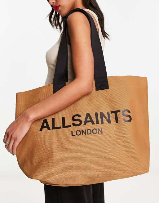 AllSaints – Ali – Brązowo-biała płócienna torba typu tote