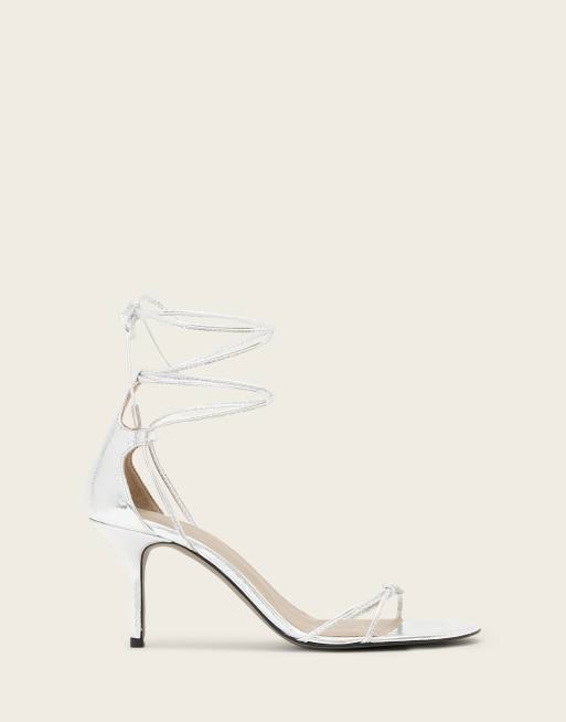 AllSaints Ali wrap around carabiner detail leather stilleto heels in silver, 2 of 4