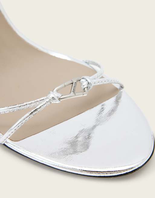 AllSaints Ali wrap around carabiner detail leather stilleto heels in silver, 4 of 4