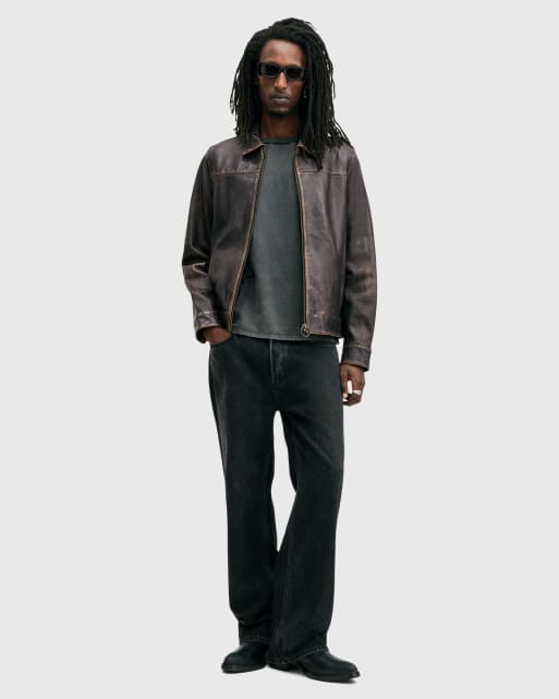 AllSaints – Alkan – Jacke aus Leder in verwaschenem Braun mit Reißverschluss, 2 von 4