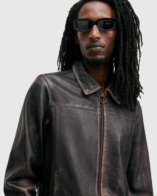 AllSaints – Alkan – Jacke aus Leder in verwaschenem Braun mit Reißverschluss, 3 von 4