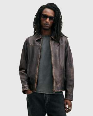 AllSaints Alkan washed leather zip jacket in black - BLACK