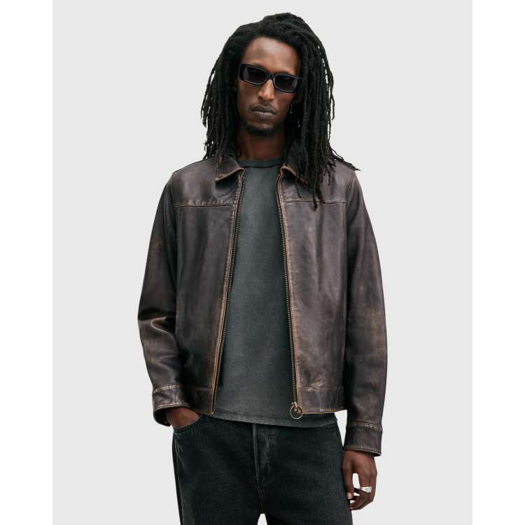 AllSaints Alkan washed leather zip jacket in black | ASOS