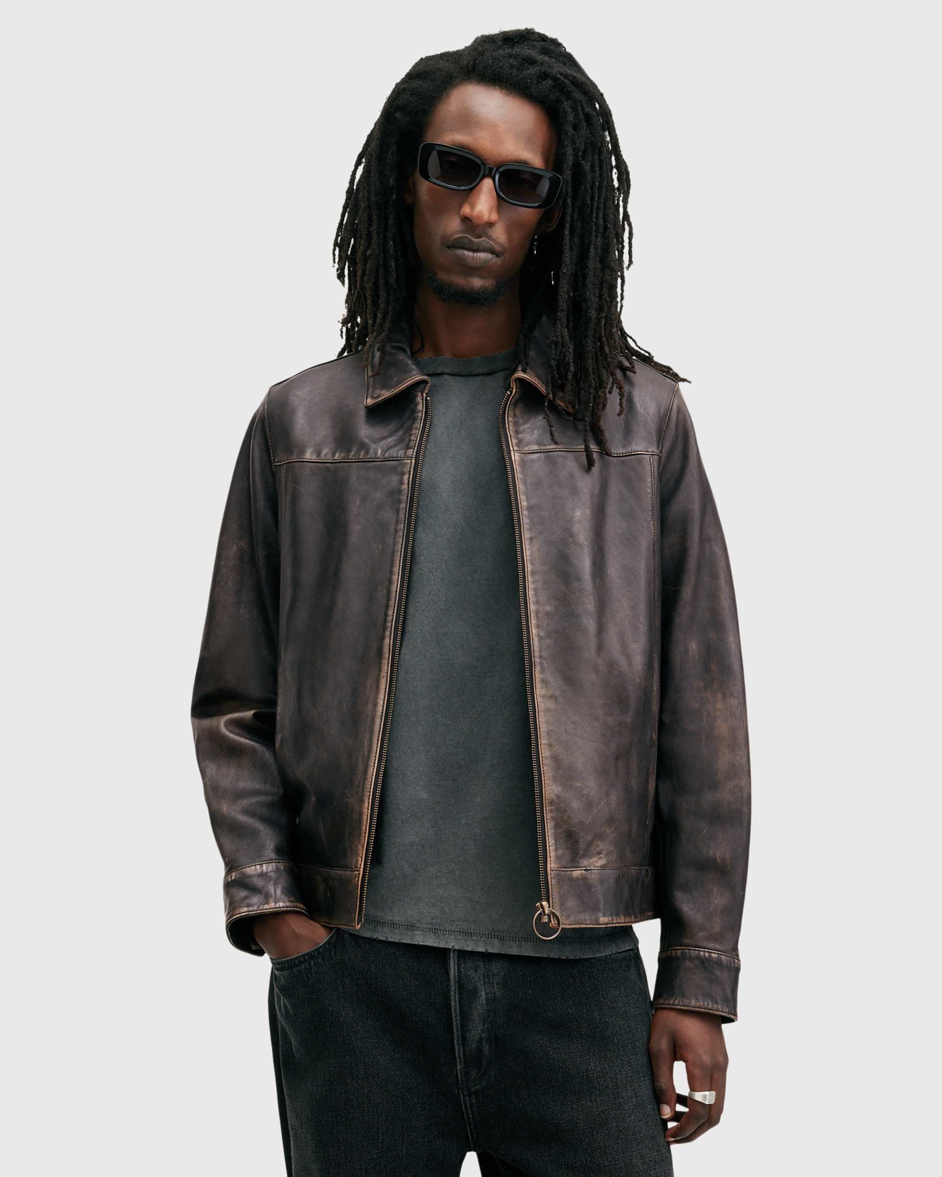 allsaints alkan washed leather zip jacket in black