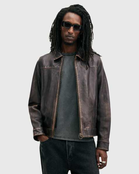 AllSaints Alkan washed leather zip jacket in black - BLACK