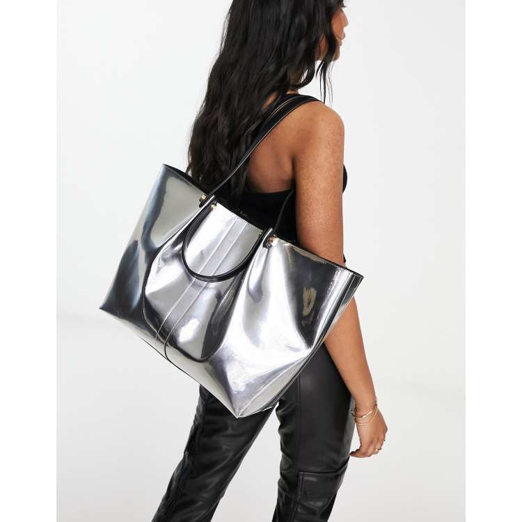 Silver leather hotsell tote bag