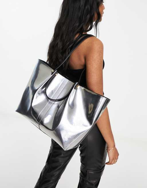 AllSaints Allington leather shopper bag in silver