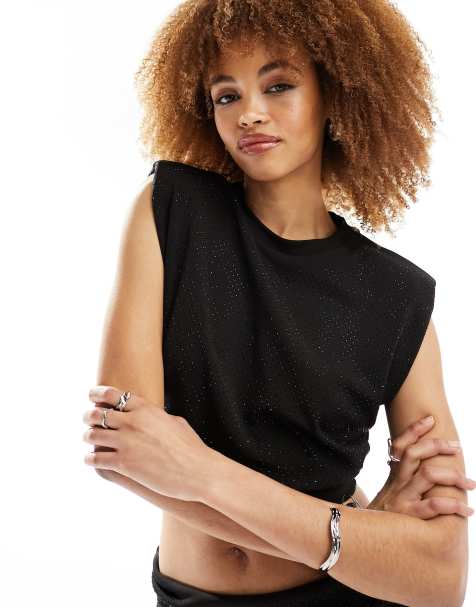 AllSaints Alya Mika diamante sleeveless crop tank top in black - view 1