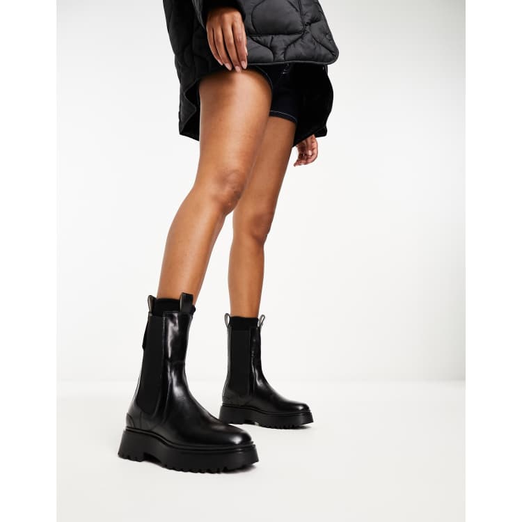 AllSaints Amber leather chunky tall chelsea boots in black