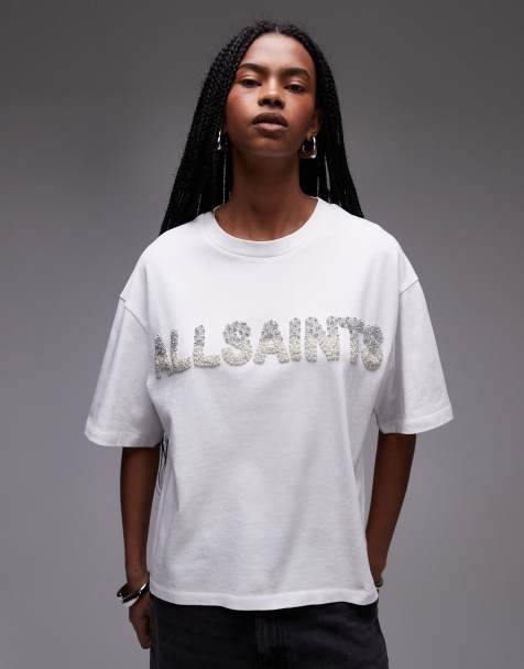 AllSaints – Amelie – Biały T-shirt z aplikacją z perełkami - view 1
