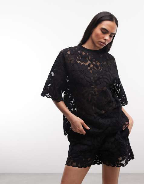 AllSaints Amelie co-ord short sleeve floral lace top in black - view 1