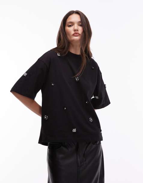 Allsaints Amelie embellished t-shirt in black - view 1