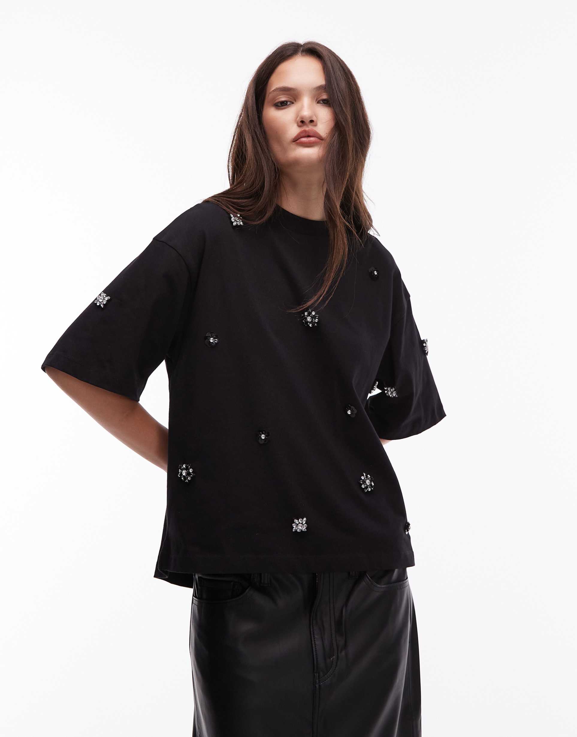 allsaints amelie embellished t-shirt in black