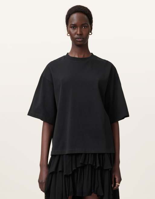 AllSaints – Amelie – Gehäkeltes T-Shirt in Schwarz
