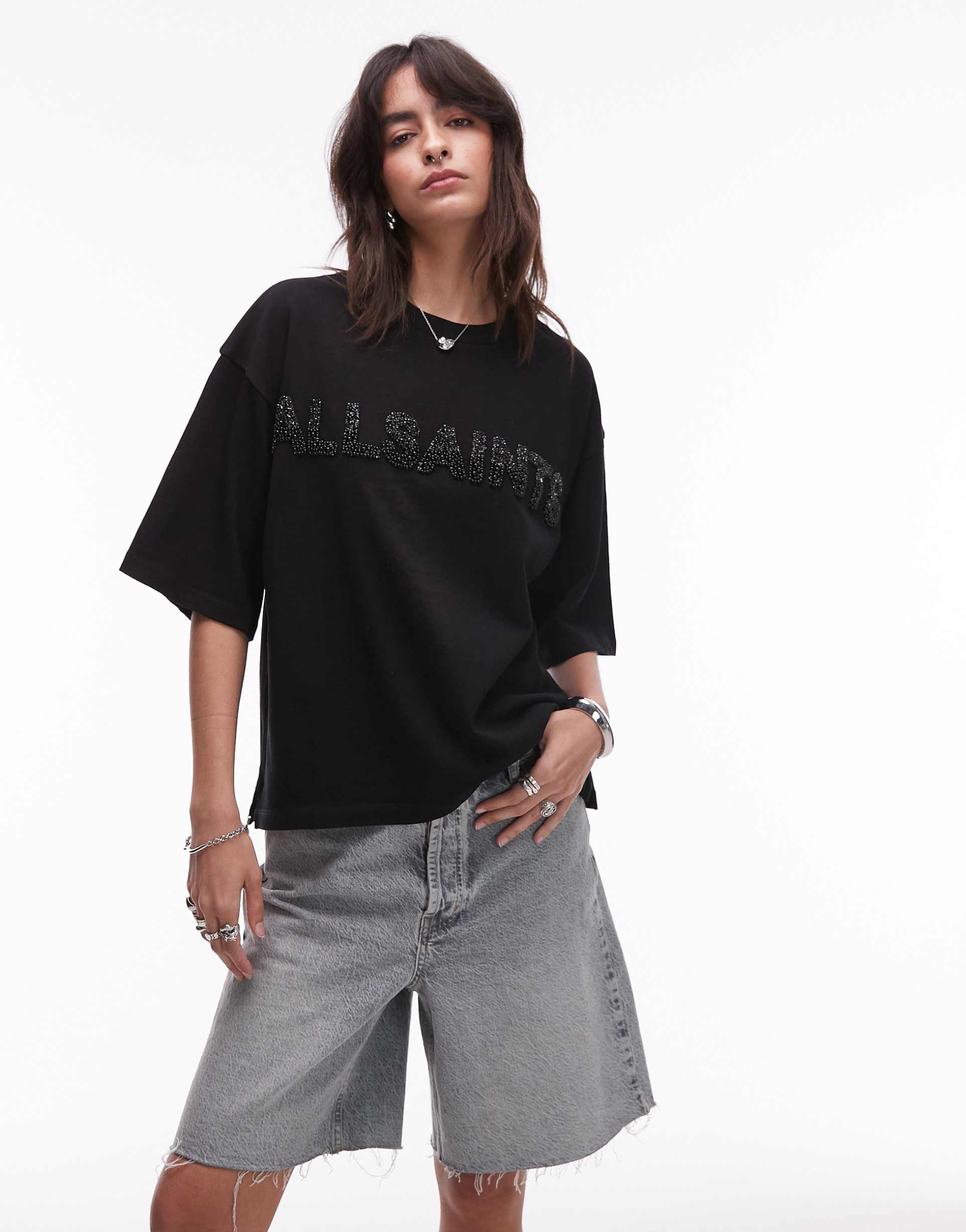 allsaints amelie pearl tee in black