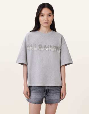 AllSaints - Amelie - T-Shirt in Grau meliert mit Perlendetail