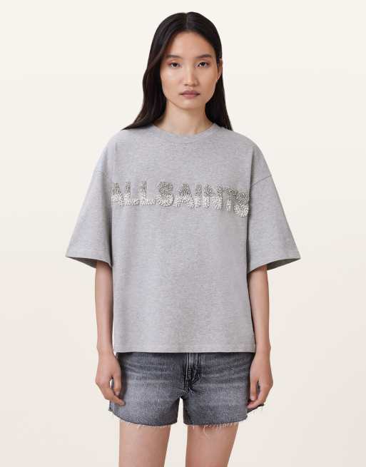 AllSaints – Amelie – T-Shirt in Grau meliert mit Perlendetail