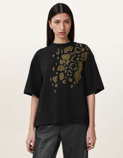 AllSaints – Amelie – T-Shirt in Schwarz mit fließender Verzierung
