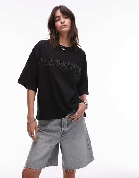 Allsaints – Amelie – T-Shirt in Schwarz mit Perlendetail - view 1