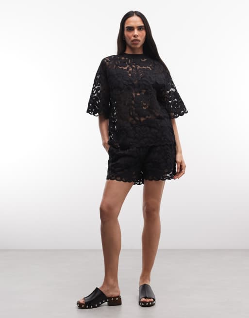 AllSaints - Amelie - Top negro de manga corta con estampado floral de encaje (parte de un conjunto), 2 de 4