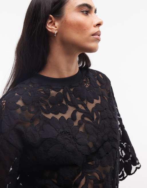 AllSaints - Amelie - Top negro de manga corta con estampado floral de encaje (parte de un conjunto), 3 de 4