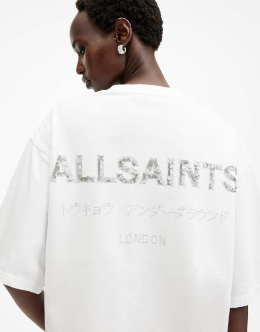 AllSaints - Amelie Underground - T-shirt vestibilità comoda bianca con logo con paillettes sul retro