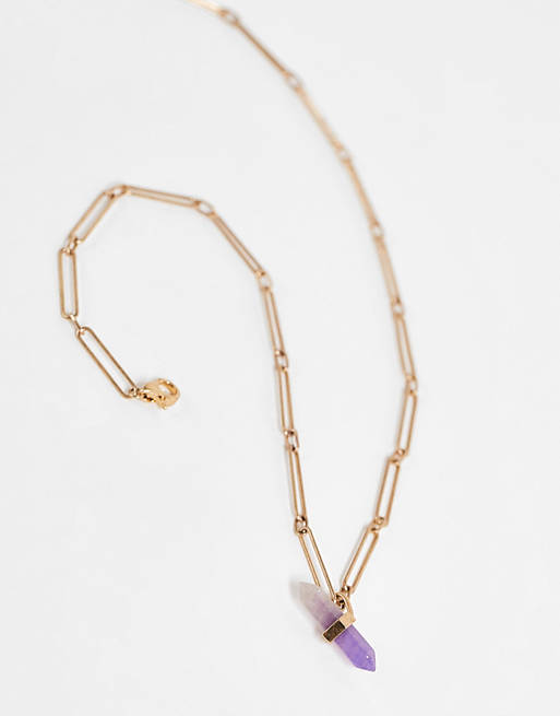  AllSaints amethyst stone pendent chain necklace in gold 
