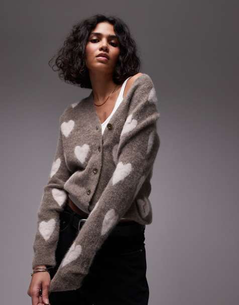 AllSaints Amora heart pattern cardigan in walnut brown/gray - view 1