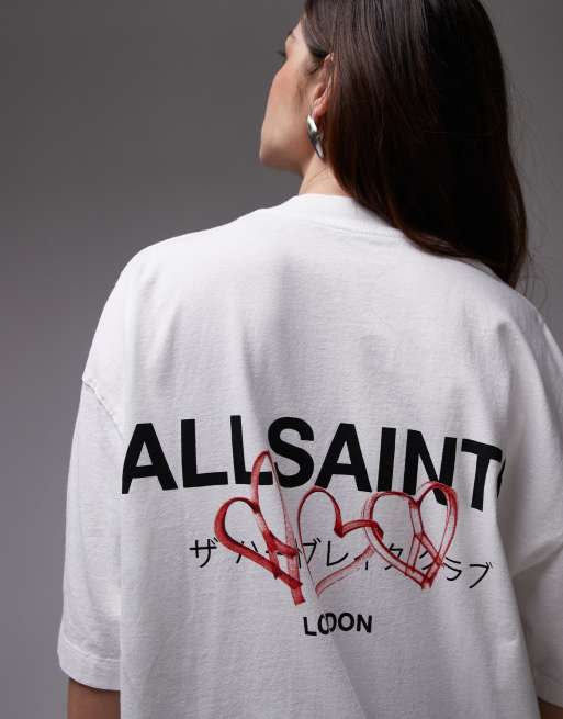 AllSaints – Amore – Biały T-shirt oversize z nadrukiem na plecach