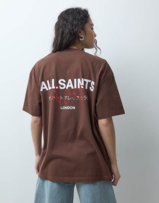 AllSaints Amore kurzärmeliges Oversize-T-Shirt mit Rückenprint in Braun, 2 von 4