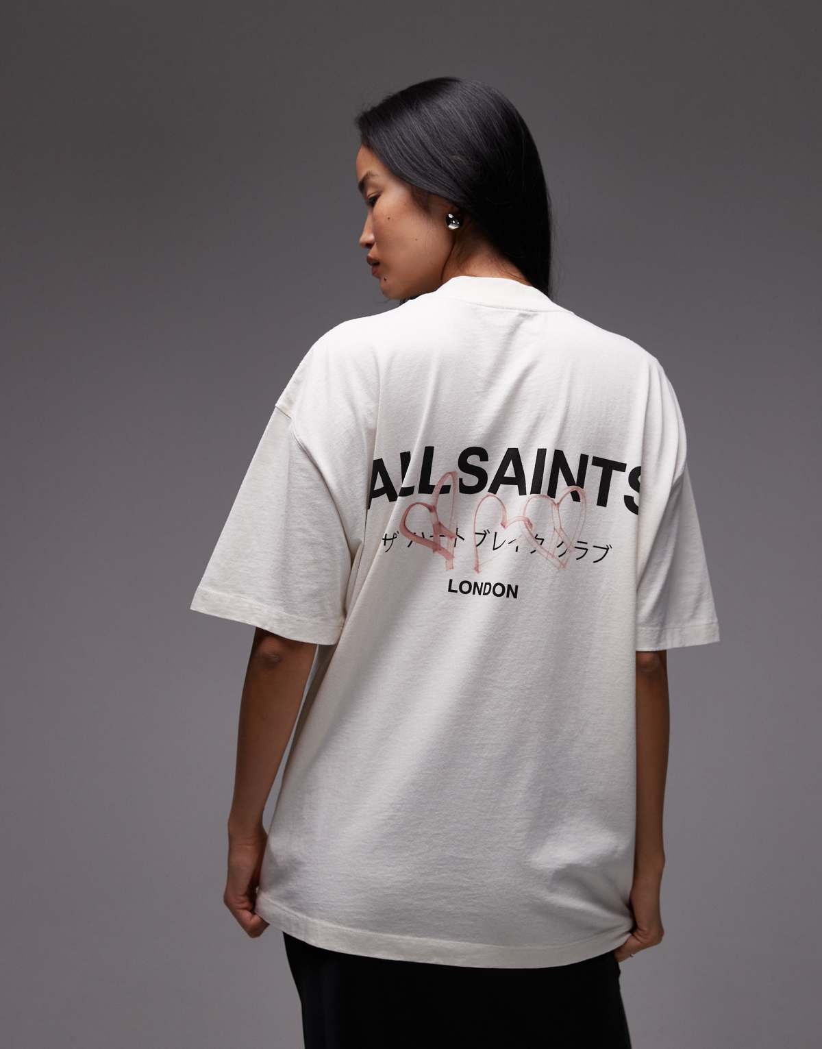AllSaints Amore oversized back print t-shirt in beige - WHITE