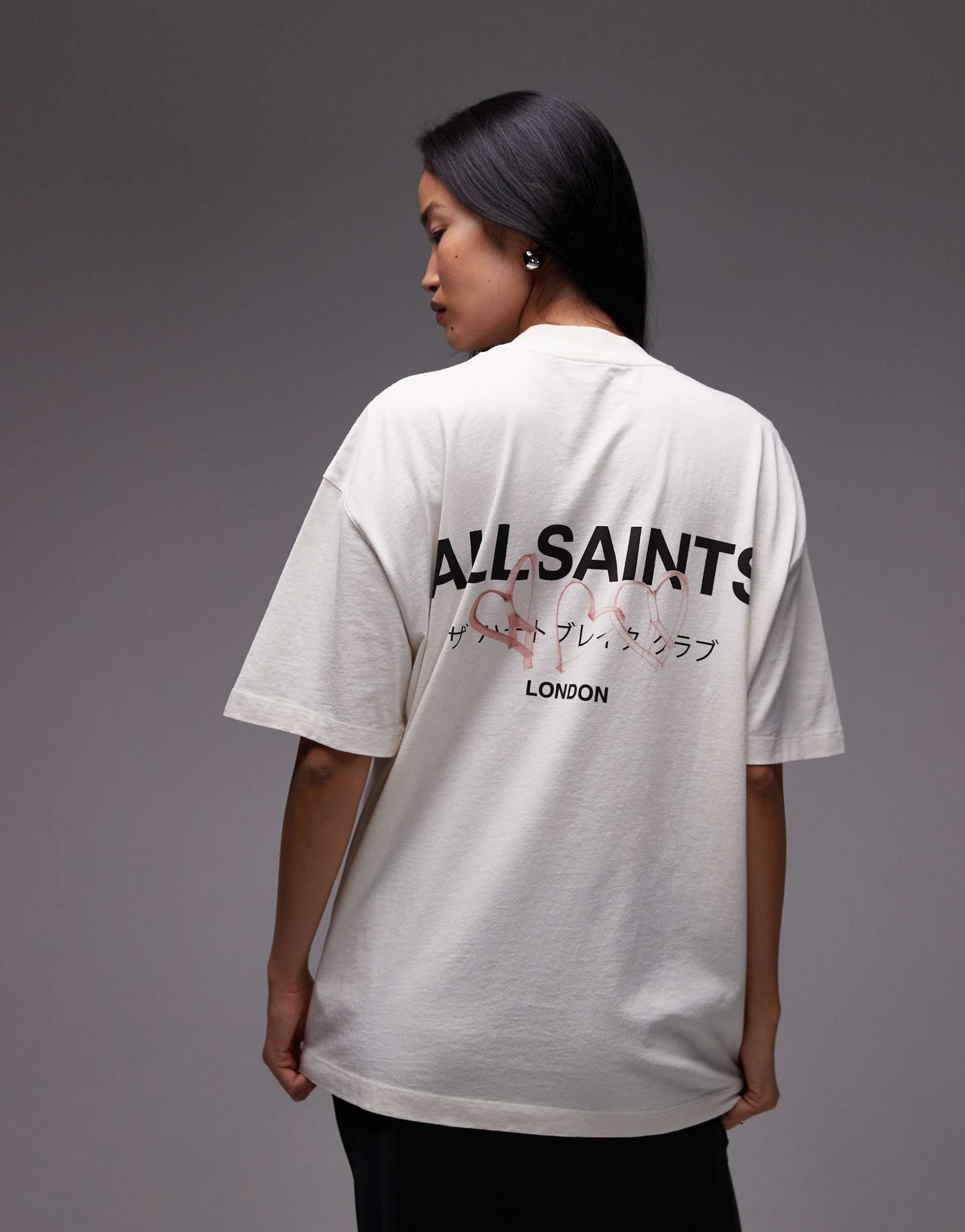 allsaints amore oversized back print t-shirt in beige