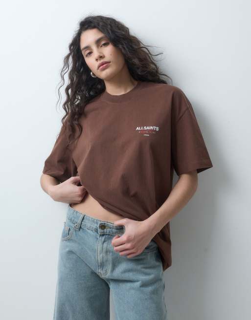 AllSaints Amore t-shirt oversize à manches courtes avec logo graphique et imprimé au dos, marron, 3 de 4