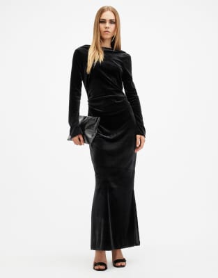 AllSaints Amoret velvet maxi dress in black