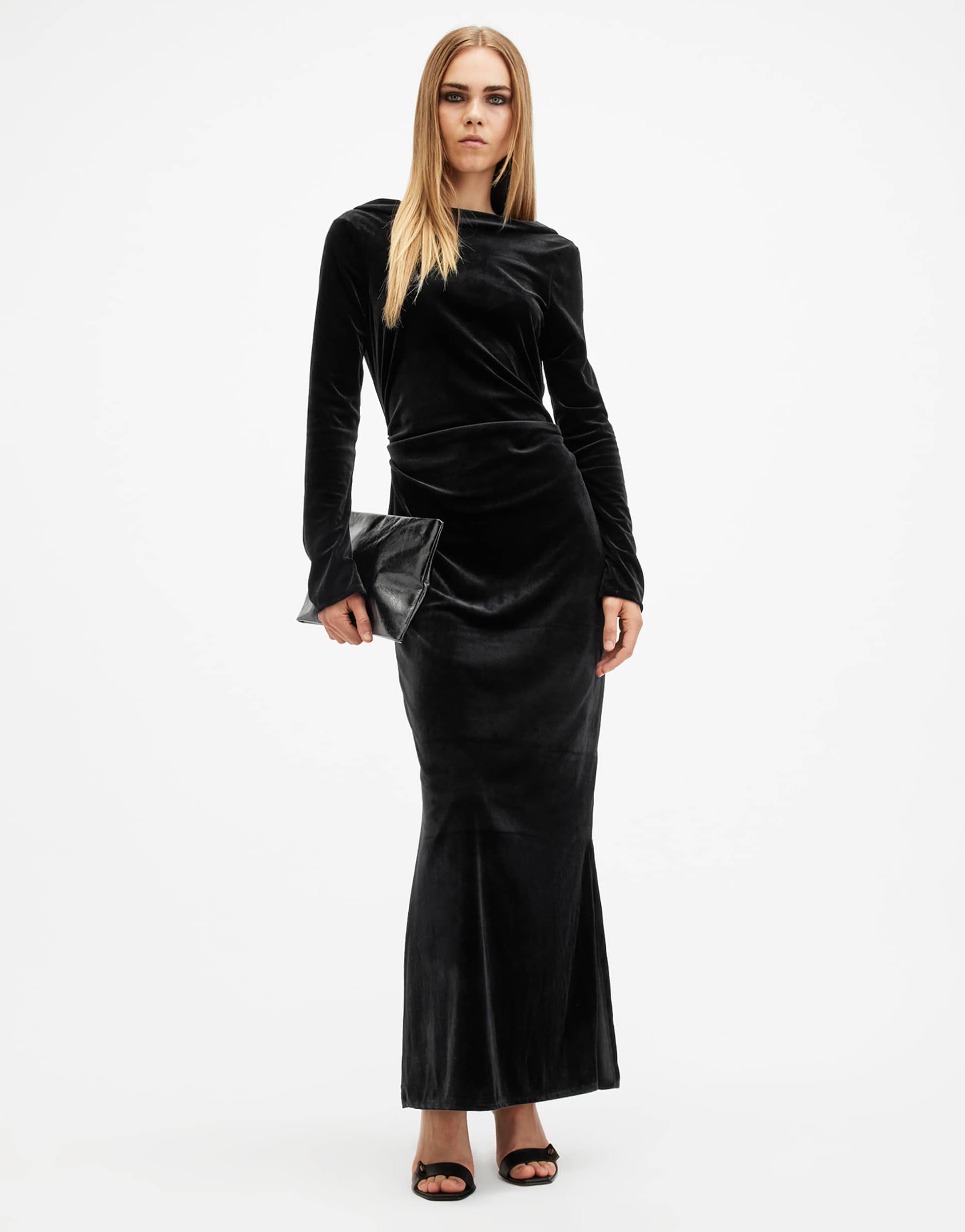 allsaints amoret velvet maxi dress in black