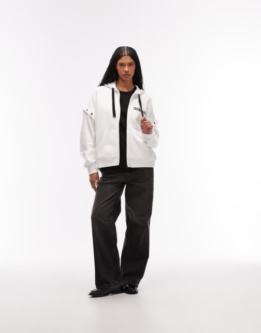 AllSaints Amphia gig back graphic hoodie with detachable sleeves in white, 2 of 4