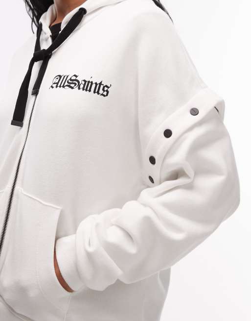 AllSaints Amphia gig back graphic hoodie with detachable sleeves in white, 3 of 4