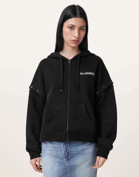 AllSaints – Amphie – Kapuzenpullover in Schwarz mit Aufnähern - view 1
