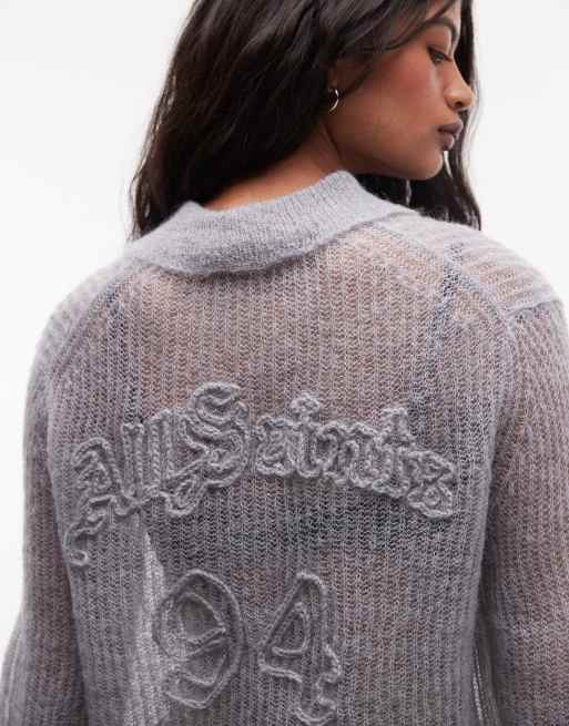 AllSaints Anabel logo light knit polo with stitch detail in light grey, 2 of 4