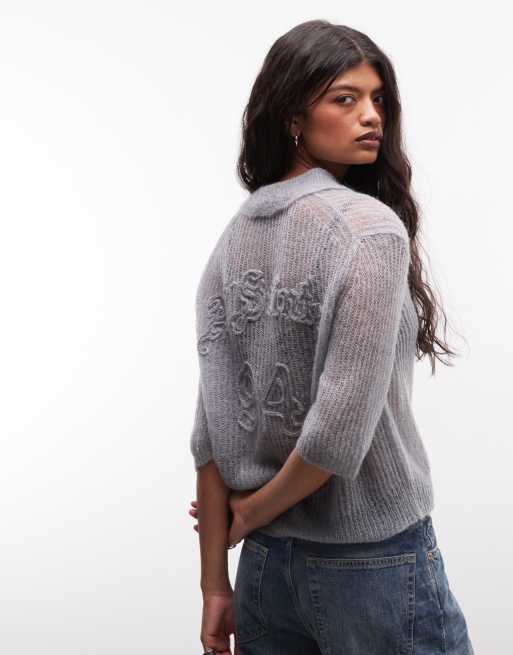 AllSaints Anabel logo light knit polo with stitch detail in light grey, 3 of 4
