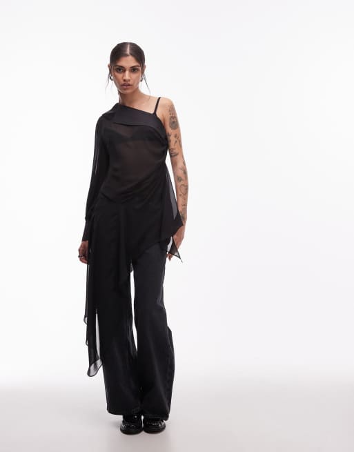 AllSaints Anaya one sleeve off shoulder asymmetric ruffle top in black, 2 of 4