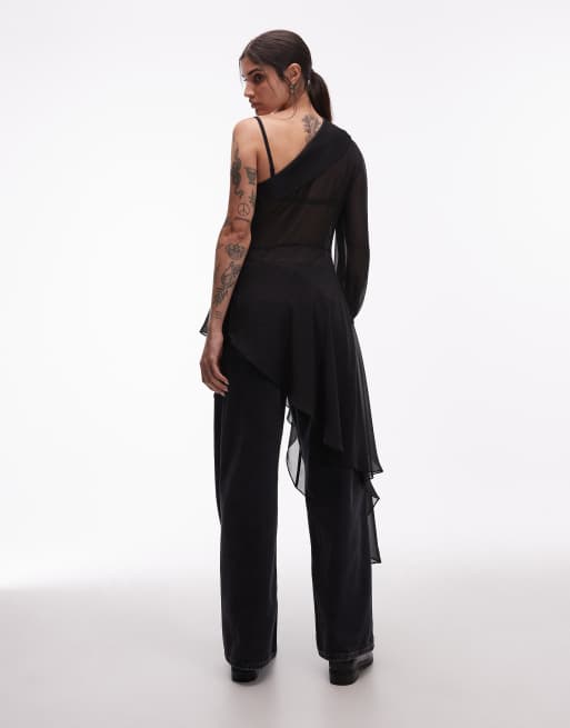 AllSaints Anaya one sleeve off shoulder asymmetric ruffle top in black, 4 of 4